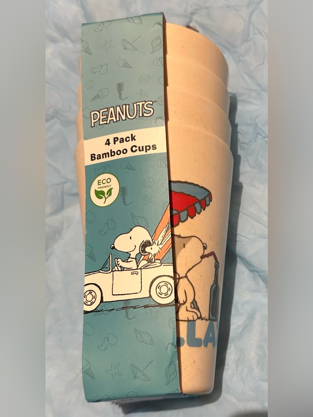 Peanuts Beige Bamboo Cups with Red & Blue Snoopy Summer set of 4 New